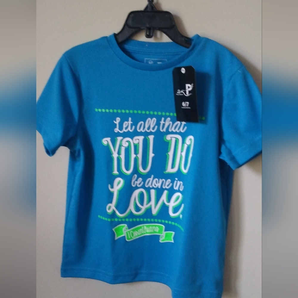 Blue Short Sleeve Tee with Decorative Typography
